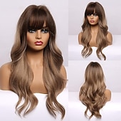economico Parrucche trendy sintetiche-parrucca bionda lunga ombre per le donne 26 pollici parrucche ondulate bionde sintetiche parte centrale capelli resistenti al calore lunga parrucca bionda per abbigliamento da festa quotidiano