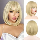 baratos Perucas Sintéticas sem Touca-peruca loira com franja - peruca loira curta de 12&#039;&#039; para mulheres perucas de cor natural com franja super macia e fácil de usar peruca reta bob peruca sintética para o dia das bruxas