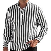 preiswerte Herrenhemd zum Knöpfen-Herren Hemd Hemd mit chinesischem Kragen Hemd mit Stehkragen Popover-Hemd Sommerhemd Freizeithemd Schwarzgrau Blau Staubiges Blau Grün Langarm Gestreift Schwarz &amp; Weiß Kragen Lässig Täglich