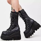 preiswerte Lolita-Schuhe-Damen Schuhe Kampfstiefel mit mittlerer Wade Runder Zeh Punk Punk &amp; Gothic Blockabsatz Schuhe Lolita Schwarz Weiß PU-Leder