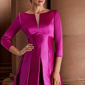 economico Abiti da cocktail-Abiti Cocktail A-Line Abito Elegante Ospite di Matrimonio Abbigliamento da Festa Lunghezza Tè Manica 3/4 Scollatura a Gioiello Ospite di Matrimonio d&#039;Autunno Satin con Pieghe Abiti Derby 2025