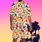 cheap Men&#039;s Printed Shirts Sets-Men&#039;s Fruit Pineapple Watermelon 2pcs Shirts Sets Summer Hawaiian Shirt Short Sleeve Short Pants Turndown Tropical Fashion Hawaiian Street Casual Hawaiian Print Summer Spring White Orange
