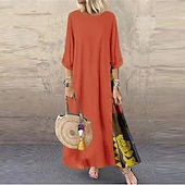 abordables Vestidos Florales Impresos-Mujer Amarillo Rojo Azul Marino Verano Primavera Otoño Vestido largo maxi Vestido bohemio Vestido informal Vestido de lino de algodón Bohemia Moda Casual Diario Exterior Noche Holgado Cuello Barco