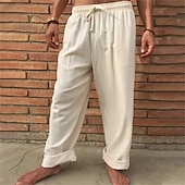 billiga Hem-Herr Linne Byxor Långbyxor Sommarbyxor Strandbyxor Snörning Elastisk midja Rakt ben Slät Komfort Utomhus Ledigt Dagligen Streetwear Stylish Brun Kaki