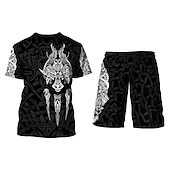 お買い得  メンズプリントTシャツセット-オオカミの爪メンズグラフィックシャツショーツとティーセット衣装バイキングクルーネック衣類アパレル3dプリントアウトドアデイリースリーブ2ピース2ピース部族カジュアルブラックコットンtシャツ