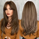 voordelige Synthetische trendy pruiken-lange 613 blonde pruik met pony rechte pruiken voor vrouwenhittebestendige gelaagde synthetische pruiken voor dagelijks gebruik