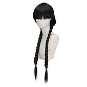 baratos Perucas de personagens de filmes-Perucas Wednesday Addams Longa Peruca Trançada Preta Cabelo Natural Macio com Touca de Peruca Tranças Perucas Sintéticas para Festa Cosplay Perucas Halloween