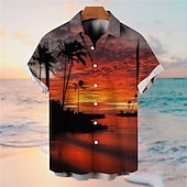 abordables Plantes tropicales-Homme Cocotier Coucher du soleil Plantes tropicales Chemise Chemise hawaïenne Chemise Aloha Manches courtes Chemise Col rabattu Tropique Mode Hawaïen Plein Air du quotidien Hawaïen Jaune Orange 3D
