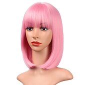 billige Syntetiske trendy parykker-rosa bob parykker med smell 12 tommer korte rett bob parykker fargerik syntetisk cosplay daglig fest parykk for kvinner