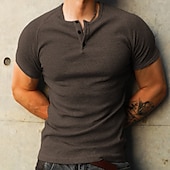 cheap Casual Henley Tee-Men&#039;s Henley Shirt Ribbed Knit tee Plain Henley Street Holiday Short Sleeve Button-Down Clothing Apparel Fashion Casual Comfortable