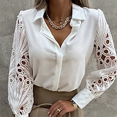 baratos Tops elegantes-Mulheres Camisa Social Camisa de renda Blusa Topo de ilhó Cor Sólida / Simples Elegante Moda Diário Colarinho de Camisa Escritório Rua Para Noite Patchwork Buraco Preto Branco Primavera &amp; Outono