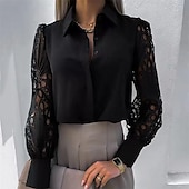 baratos Tops elegantes-Mulheres Camisa Social Camisa de renda Blusa Topo de ilhó Cor Sólida / Simples Elegante Moda Diário Colarinho de Camisa Escritório Rua Para Noite Patchwork Buraco Preto Branco Primavera &amp; Outono