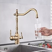 preiswerte Drehbar-Zweihebel-Küchenreinigungsarmaturen, Spülenmischbatterie, 360-Grad-Wasserreinigungsauslauf, an Deck montiert, Doppelgriff-Einloch-Gefäßarmatur mit kaltem und heißem Schlauch
