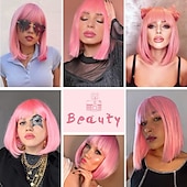 billige Syntetiske trendy parykker-rosa bob parykker med smell 12 tommer korte rett bob parykker fargerik syntetisk cosplay daglig fest parykk for kvinner