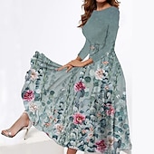 cheap Elegant Floral Dresses-Women&#039;s Midi Dress Tiered Dress Elegant Vintage Date Regular Fit Flower Long Sleeve Crew Neck Blue Green Grey Summer Spring Fall Autumn
