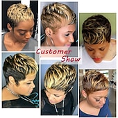 baratos Perucas de Qualidade Superior-peruca curta pixie cut cabelo humano para mulheres negras remy peruca de cabelo humano bonito peruca barata para festa preto mix loira