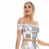 cheap Tops-Metallic 1980s Shiny Latex Patent Crop Top PU Leather Off Shoulder Women&#039;s Carnival Costume Masquerade Party Bachelorette Party Pride Parade Adults&#039; Top