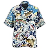 billiga Tropiska växter-Herr Vågiga Grafiska tryck Fisk Skjorta Hawaii skjorta Kortärmad Skjorta Nedvikt Ledigt Hawaiisk Blå Mönster Button-Down Kläder Tropisk Mode Hawaiisk Mjukt