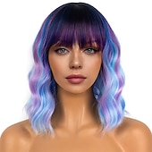 levne Syntetické trendy paruky-krátké bobové paruky s ofinou pro ženy volná vlnitá paruka kudrnatá vlnitá délka po ramena bob syntetická cosplay paruka pro dívky barevné kostýmní paruky