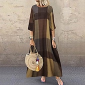 abordables concevoir des robes en coton et lin-Femmes Rouge Kaki Bleu de minuit Été Printemps Robe maxi Robes inspirées du lin Robe Décontractée Mode Occasionnel Extérieur Quotidien Sortir Coupe Ample Plaid Col ras du cou Col Bateau