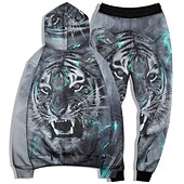 abordables Motif 3D-Homme Ensemble Survetement Ensemble de sweats à capuche Noir et Blanc Noir Noir + blanc Jaune Gris Claire Capuche Graphic tigre 2 Pièces Imprimer Sport &amp; Loisir Casual Des sports 3D effet basique