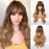 economico Parrucche trendy sintetiche-parrucca bionda lunga ombre per le donne 26 pollici parrucche ondulate bionde sintetiche parte centrale capelli resistenti al calore lunga parrucca bionda per abbigliamento da festa quotidiano