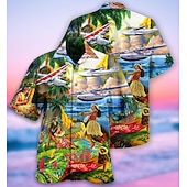 preiswerte Retro Vintage Druck-Herren Flugzeug Hula-Mädchen Hemd Sommer Hawaiihemd Alohahemd Kurzarm Hemd Umlegekragen Tropisch Mode Hawaiianisch Lässig Hawaiianisch Ferien Blau S M L