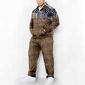 billiga Herrars 3D-tröjset-Herr Grafisk Bohemisk 2st 3D-tröja set Träningsoverall Zip Up hoodies Långärmad Långa byxor Huva Mode Designer Ledigt Dagligen Sport Utekväll 3D-utskrift Vår &amp; Höst Blå Grön Kaffe