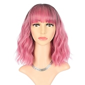 baratos Perucas de festa-Peruca Curta Loiro com Mechas Rosas Perucas com Franja Peruca Bob Cacheada e Ondulada Sintética com Comprimento até os Ombros para Meninas Fantasias de Halloween e Festas de Cosplay