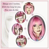 billige Syntetiske trendy parykker-rosa bob parykker med smell 12 tommer korte rett bob parykker fargerik syntetisk cosplay daglig fest parykk for kvinner