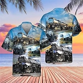 Men's Train Shirt Summer Hawaiian Shirt Aloha Shirt Short Sleeve Shirt Turndown Tropical Fashion Hawaiian Casual Hawaiian Holiday Blue S M L3