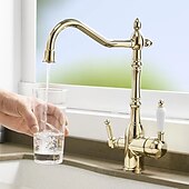 preiswerte Drehbar-Zweihebel-Küchenreinigungsarmaturen, Spülenmischbatterie, 360-Grad-Wasserreinigungsauslauf, an Deck montiert, Doppelgriff-Einloch-Gefäßarmatur mit kaltem und heißem Schlauch
