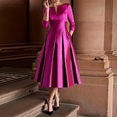 economico Abiti da cocktail-Abiti Cocktail A-Line Abito Elegante Ospite di Matrimonio Abbigliamento da Festa Lunghezza Tè Manica 3/4 Scollatura a Gioiello Ospite di Matrimonio d&#039;Autunno Satin con Pieghe Abiti Derby 2025
