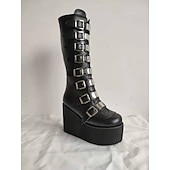 cheap Lolita Footwear-Women&#039;s Shoes Knee High Boots Round-Toe Punk Lolita Punk &amp; Gothic Chunky Heel Shoes 11 CM Lolita Black Pink PU Leather