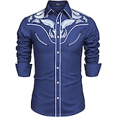 billige vestlige skjorter for menn-Herre Blomstret Cowboy Skjorte Western skjorte Cowboyskjorte Langermet Mote Designer Fritid utendørs Ferie Vår &amp; Vinter Aftæpning Trykt mønster Knapp ned Svart Hvit Rød Blå