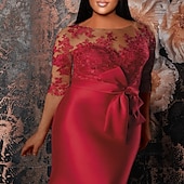abordables ROUGE-Robe Sirène Rouge Verte Grande Taille Courbe Robes Formales Grande Taille Invité Formal Mariage Longueur de Sol Manche Mi-Longue Col Bijou Satin avec Appliques Bretelles