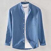 cheap Men&#039;s Oxford Shirts-Men&#039;s Chinese Collar Shirt Mandarin Collar Shirt Dress Shirt Oxford Shirt Collarless Shirt Plain Wedding Outdoor Sea Blue White Yellow Navy Blue Long Sleeve Stand Collar Spring &amp;  Fall Clothing