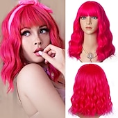 baratos Perucas de Carnaval-Perucas Laranja Vermelha para Mulheres Curta Ondulada Bob com Franja Peruca Cacheada Ruiva Comprimento até o Ombro Cabelo Vermelho Cobre 14 Polegadas Peruca Sintética Colorida para Cosplay Uso Diário