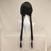 baratos Perucas de personagens de filmes-Perucas Wednesday Addams Longa Peruca Trançada Preta Cabelo Natural Macio com Touca de Peruca Tranças Perucas Sintéticas para Festa Cosplay Perucas Halloween