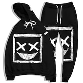 billige Herre 3D Sweatshirt Sett-Herre Grafisk Grimasse 2stk 3D-genseresett Joggedress Hettegensere Langermet Lange bukser Med hette Gatemote Grunnleggende Fritid Sport &amp; Utendørs Avslappet Sport Trykt mønster Vår Høst Lysegul Gul
