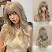 economico Parrucche trendy sintetiche-parrucca bionda lunga ombre per le donne 26 pollici parrucche ondulate bionde sintetiche parte centrale capelli resistenti al calore lunga parrucca bionda per abbigliamento da festa quotidiano