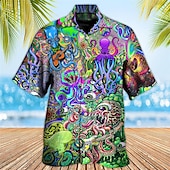 tanie Druk oceaniczny-Męskie Tropikalny Gitara Ośmiornica Koszula Koszula hawajska Koszula Aloha Krótki rękaw Koszula Wieczorne Tropikalny Moda Hawajskie Codzienny Hawajskie Święto Żółty Czerwony Fioletowy S M L