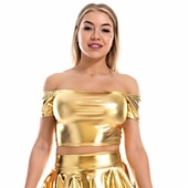 cheap Tops-Metallic 1980s Shiny Latex Patent Crop Top PU Leather Off Shoulder Women&#039;s Carnival Costume Masquerade Party Bachelorette Party Pride Parade Adults&#039; Top