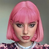 baratos Perucas Sintéticas sem Touca-peruca loira com franja - peruca loira curta de 12&#039;&#039; para mulheres perucas de cor natural com franja super macia e fácil de usar peruca reta bob peruca sintética para o dia das bruxas