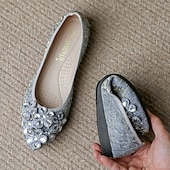 abordables Ballerines femme-ballerines de mariage pliables ornées de cristaux floraux pour femmes - chaussures de ballet de voyage légères et confortables