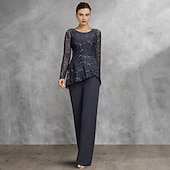 economico Tute della mamma-Tuta a Due Pezzi  Completo Madre della Sposa Ospite di Matrimonio Formale Chiesa Elegante Collo A V Lunghhezza Fino alla Struttura Chiffon Pizzo Maniche Lunghe con Paillettes taglia personalizzabile