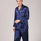 cheap Men&#039;s Pajamas-Men&#039;s Satin &amp; Silk Sleepwear Pajama Top and Pant Silk Pajama 2 Pieces Pure Color Luxury Home Bed Faux Silk Comfort Long Sleeve Pant Winter Fall Pure blue Blue cord