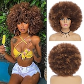 economico Parrucche di Carnevale-Parrucche afro anni &#039;70 per donne nere - grande parrucca afro puff con frangia capelli sintetici ricci crespi corti per le donne