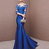 ieftine albastru-Rochie de seară sirenă rochie elegantă invitat formal la nuntă tren sweeping  brush mânecă 3/4 off shoulder satin cu butoane plisaje aplicații