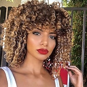 economico Parrucche trendy sintetiche-parrucche ricci per donne nere - parrucca riccia afro crespa con frangia biondo bicolore misto marrone colore parrucche sintetiche resistenti al calore parrucche per feste di Natale
